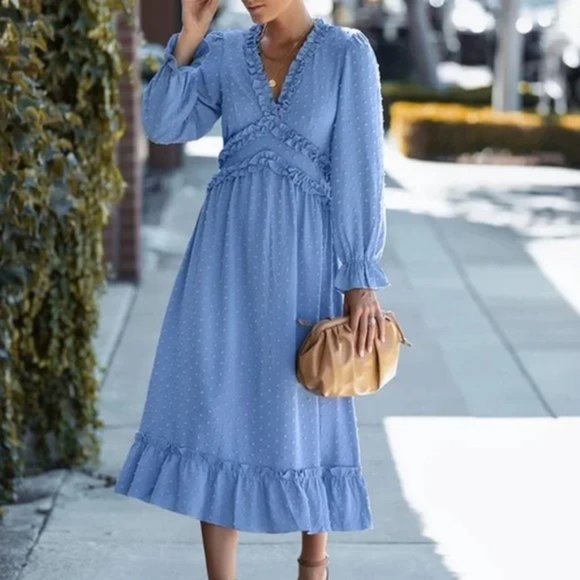 Simplee Apparel Dresses & Skirts - Simplee Women's V Neck Ruffles Floral Printed Long Sleeve Dress